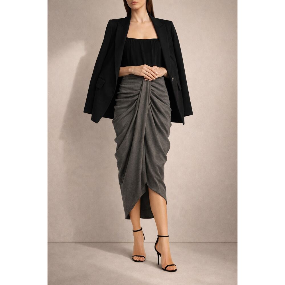 Isabel Marant Midi Skirt Small 4 FR 36 Gray Taupe Wool Draped Ruched Asymmetric